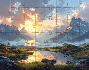 Dreamy jigsaw puzzle of mountains reflected in a lake at sunset. Warm, vibrant colors and serene landscape