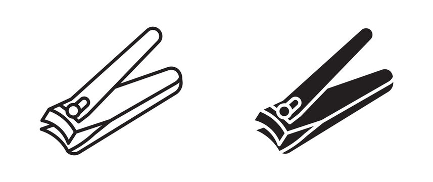 Nail clipper icon set in outline and silhouette style, representing personal grooming tools, manicure, and hygiene accessories, vector illustration.