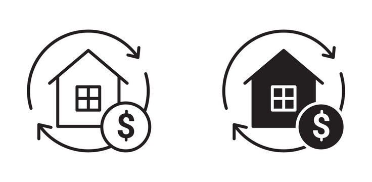 Home refinance icon set in outline and silhouette style, representing mortgage renewal, property investment, and financial services, vector illustration.
