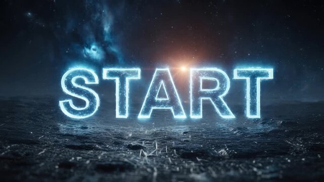 Glowing "START"  floats above a textured surface, set against a dark, starry cosmic backdrop