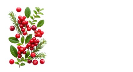 Bright red, ripe cranberries in clusters with vibrant green leaves and slender evergreen sprigs on a transparent minimalist flat lay, overhead, high-key lighting, concept of healthy superfood purity
