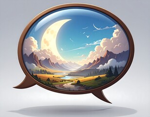 Dreamy landscape painting of a moon over mountains and a river, framed within a speech bubble shape