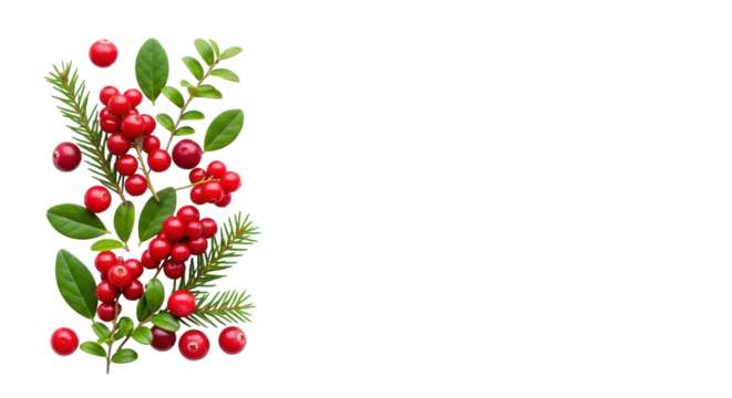 Bright red, ripe cranberries in clusters with vibrant green leaves and slender evergreen sprigs on a transparent minimalist flat lay, overhead, high-key lighting, concept of healthy superfood purity