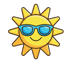 A cheerful cartoon sun wearing blue sunglasses radiates warmth and happiness, symbolizing summer and good weather.