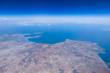 View from plane of coast and Mediterranean islands 