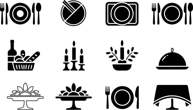 Black and white vector illustration of dinner table set up