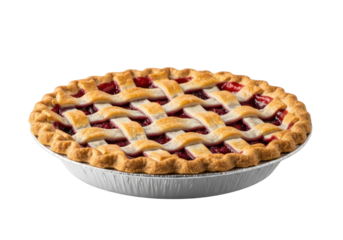 Freshly baked fruit pie with intricate lattice crust, vibrant red filling, in a silver foil plate on a transparent background with soft shadows, concept for culinary delight and traditional warmth