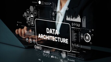 Business professional interacting with futuristic data architecture interface in modern office setting. Asymptotic smart data analytic.