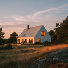 Obraz premium Serene Home at Sunset: An elegant home stands bathed in the warm, golden hues of the setting sun, offering a peaceful retreat amidst nature's beauty.