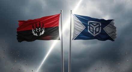 Two flags waving side by side against a stormy sky with lightning and debris in the background