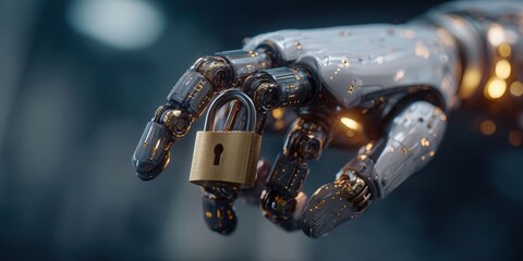 Robotic Hand Securing Data with Lock on Complex Network Illustration