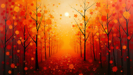 Abstrakte expressionistische Interpretation des Herbstes, wirbelnde rote, orange und goldene Formen. KI Generated