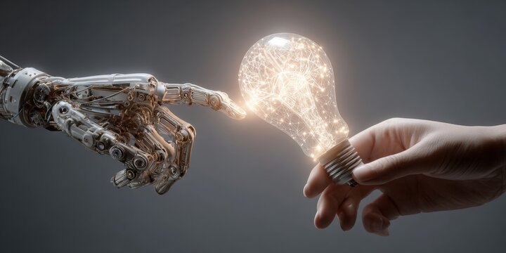 Robotic Hand and Human Touch on Data Network with Brain in Light Bulb for AI Innovation - Powered by Adobe