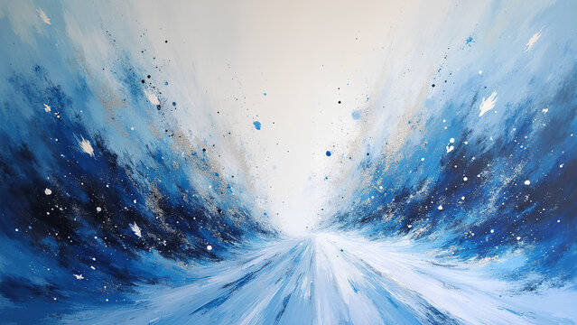 Energetischer, abstrakter Wintersturm, chaotische und doch sch&ouml;ne Komposition, Farbtupfer in Blau, Wei&szlig; und Silber, dynamische Bewegung. KI Generated