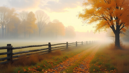 Ein nebliger Herbstmorgen auf dem Land, goldene Bl&auml;tter bedecken den Boden, ein alter Holzzaun, sanfter Nebel zieht &uuml;ber eine Wiese. KI Generated