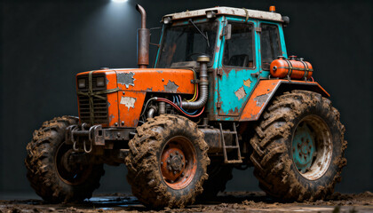 Obraz premium A rugged off-road tractor covered in mud, showcasing worn paint, heavy wheels, and industrial details. The dramatic lighting highlights its tough build and years of hard work in harsh environments.