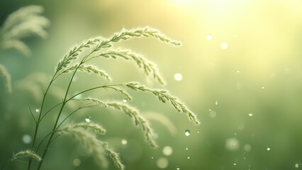 Sanft beleuchtete, abstrakte Komposition zarter, sich langsam wiegender Pflanzen, in der Luft schwebende Tautropfen, blassgr&uuml;ne und elfenbeinfarbene T&ouml;ne. KI Generated