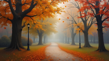 Einsamer Pfad durch einen Herbstpark, im Wind wirbelnde Bl&auml;tter, sanftes Licht, malerische Melancholie, die an romantische Landschaftsmalerei des 19. Jahrhunderts erinnert. Ki generated