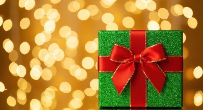 A vibrant green glitter gift box adorned with a classic red ribbon and bow, set against a shimmering background of golden bokeh lights. Ideal for festive occasions and joy. - Powered by Adobe