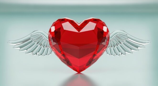 A vibrant, sparkling red faceted crystal heart adorned with elegant translucent angel wings, beautifully reflecting light. This symbolizes love, passion, romance, and heartfelt emotions. - Powered by Adobe