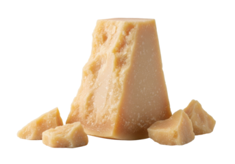 High-angle shot: aged Parmesan cheese wedge & broken pieces, rich granular texture, warm golden hue, on white surface/background, soft light. Concept of gourmet artisanal food quality