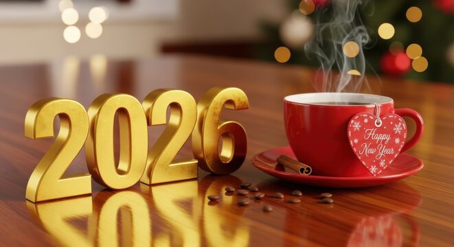 Celebrating the arrival of the year 2026 with a cozy, steaming cup of coffee and a festive 'Happy New Year' tag. Perfect for new beginnings, resolutions, and future plans.