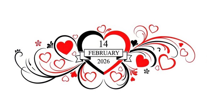 Elegant vector illustration for Valentine's Day 2026. Features interconnected red and black hearts, decorative swirls. Ideal for romantic themes, invitations, and digital cards.