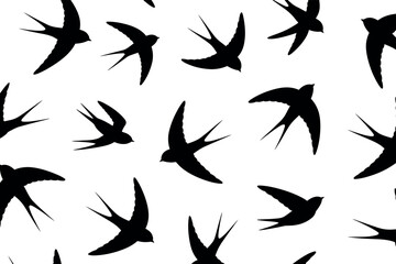 Seamless Pattern of Black Swallow Bird Silhouettes on White Background