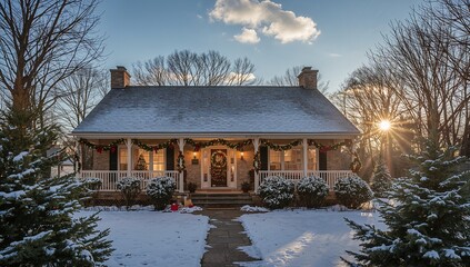 House decorated with Christmas Decorations in the Snow