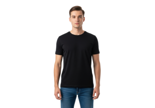 Young caucasian man, early 20s, in black crew-neck t-shirt and dark blue jeans, standing against a transparent seamless studio background, Concept for apparel product mockup
