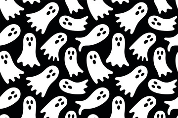 Spooky Halloween Ghost Pattern Design with White Ghosts on Black Background