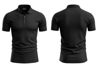Two identical blank black men's fitted polo shirts, front and back views, high-quality smooth textile, isolated on transparent background, concept for corporate branding and e-commerce display