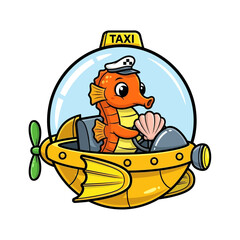 Adorable seahorse taxi driver in submarine offers a fun, whimsical ride for children's books and playful animations, perfect for summer adventures