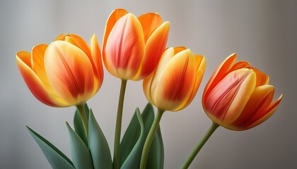 Four Bright Orange And Yellow Tulips With Long Green Stems Stand Upward In A Beautiful Light And Airy Floral Design