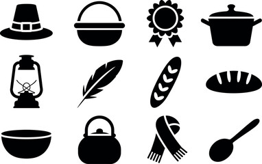 Thanksgiving and Fall Harvest Festival Vector Graphics Set in Black