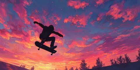 Obraz premium Vibrant Sunset Skateboarder Performing Tricks in Mid-Air - AI Illustration