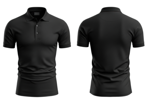 Two identical blank black men's fitted polo shirts, front and back views, high-quality smooth textile, isolated on transparent background, concept for corporate branding and e-commerce display