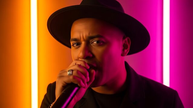 Male Singer Performing with Microphone in Neon Pink and Orange Lights