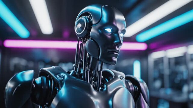 A sleek, metallic humanoid robot with glowing blue eyes stands in a futuristic, neon-lit environment