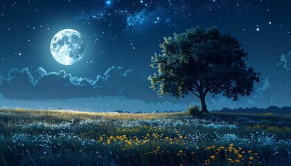Dreamy moonlit meadow. A lone tree stands in a field under a big moon and starry sky with gentle clouds