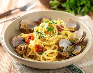 Clam pasta in a bowl with parsley and tomatoes on a wooden table with a linen napkin for presentation
