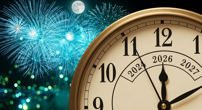 Close-up of a clock face showing almost twelve o'clock with a background of fireworks and moon, representing a New Year celebration, future, time