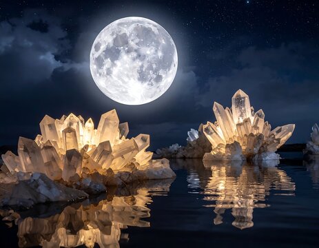 Crystalline clusters reflect under the glow of a full moon against a backdrop of starry night and scattered clouds