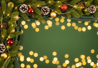 Elegant Christmas banner with green pine branches decorated made in Chtistmas tree, placed only along the left edge and top edge of the image. The rest of the spase with warm gpldenbokeh lights .