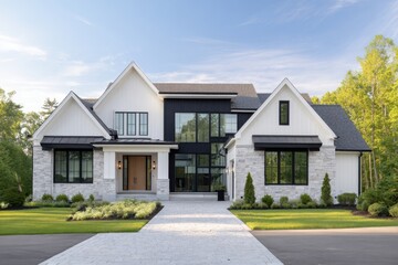 Modern house with large windows and stylish design situated in a peaceful neighborhood, showcasing impressive architecture and inviting front yard landscaping