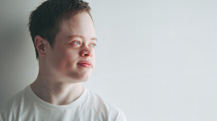 Young man with Down syndrome looking thoughtfully by the window  