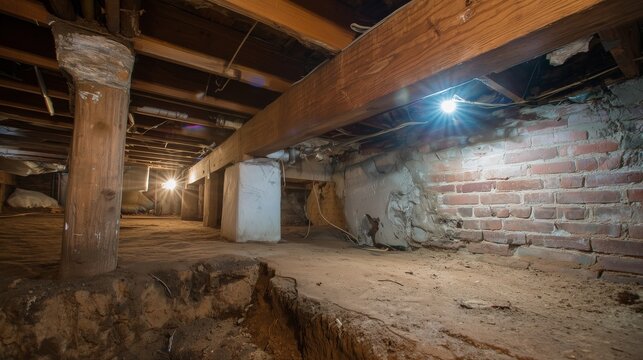 Dim dirt crawl space with brick foundation, wooden beam and post, insulation, vapor barrier and lighting indicating crawl space repair and structural stabilization.