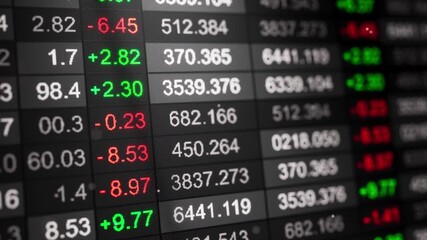 Seamless loop 3D animation of a stock market ticker board with red and green price changes and numeric rows on a dark screen, ideal for trading, finance, news, and analytics. - Powered by Adobe