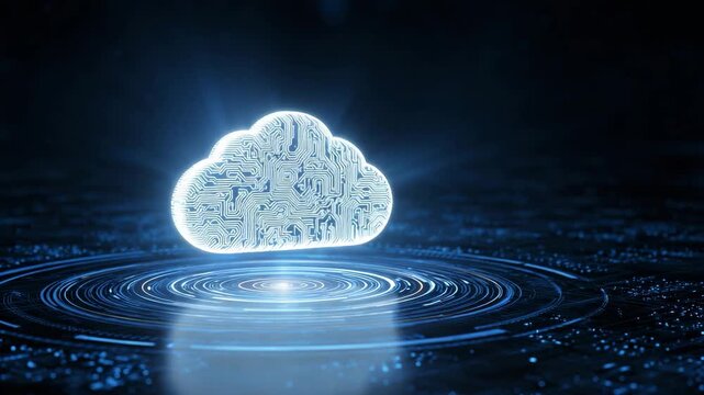 Glowing circuit board cloud symbol hovering over digital blue light ripple effect