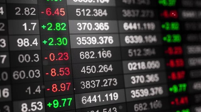 Seamless loop 3D animation of a stock market ticker board with red and green price changes and numeric rows on a dark screen, ideal for trading, finance, news, and analytics.